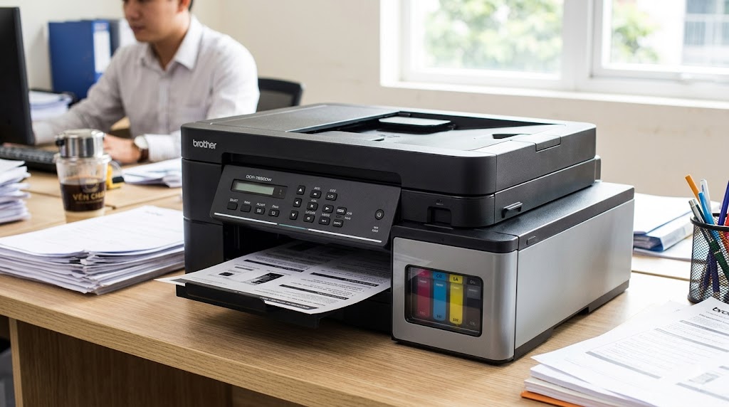  Máy in đa năng Brother DCP-T830DW với bình mực nạp ngoài trên bàn làm việc